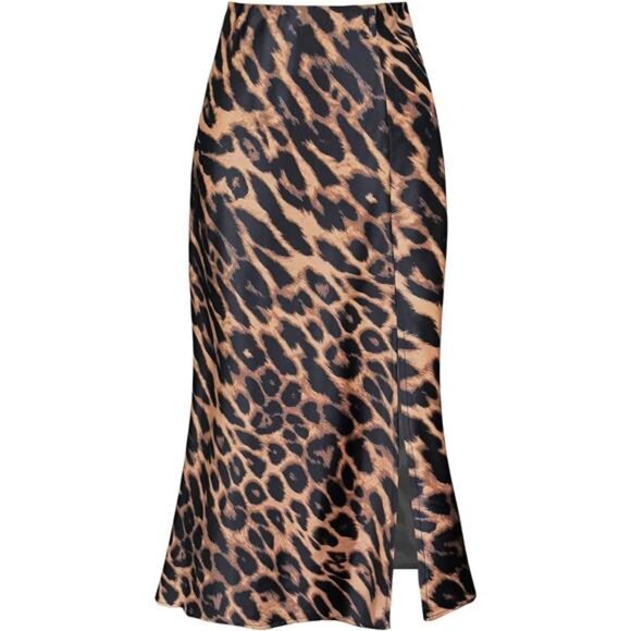 Womens Satin Midi Skirt High Waisted Side Slit A Line Leopard Print Long Skirt - Picture 6 of 7
